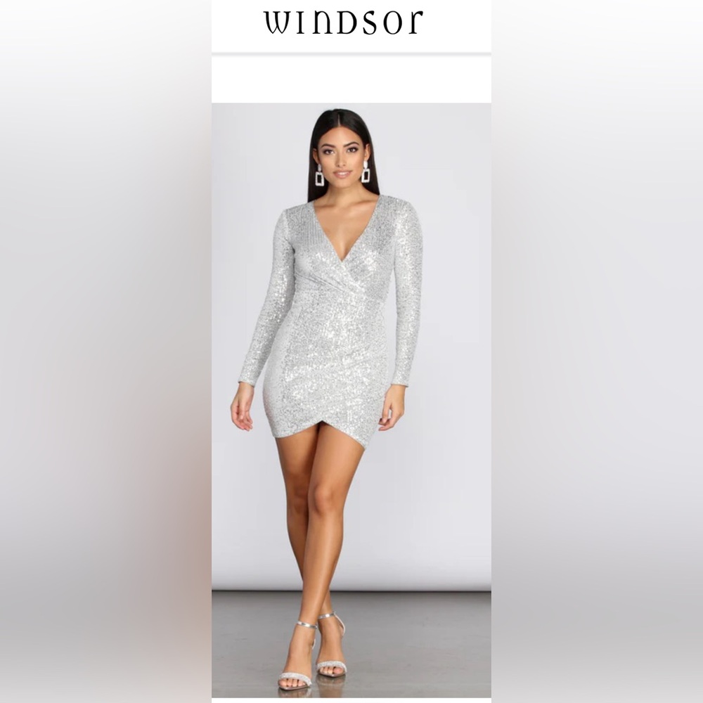 Windsor Silver Sequin Dress with Sleeves